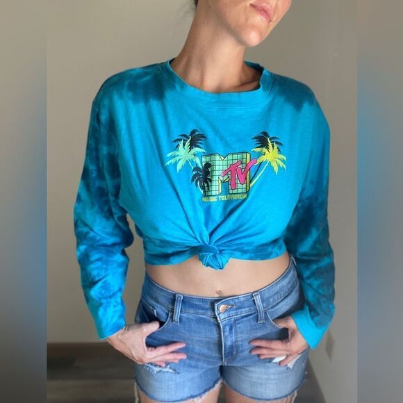 MTV Boxy Crop Top Blue Tie Dye Long Sleeve Plus XXL - Picture 1 of 11